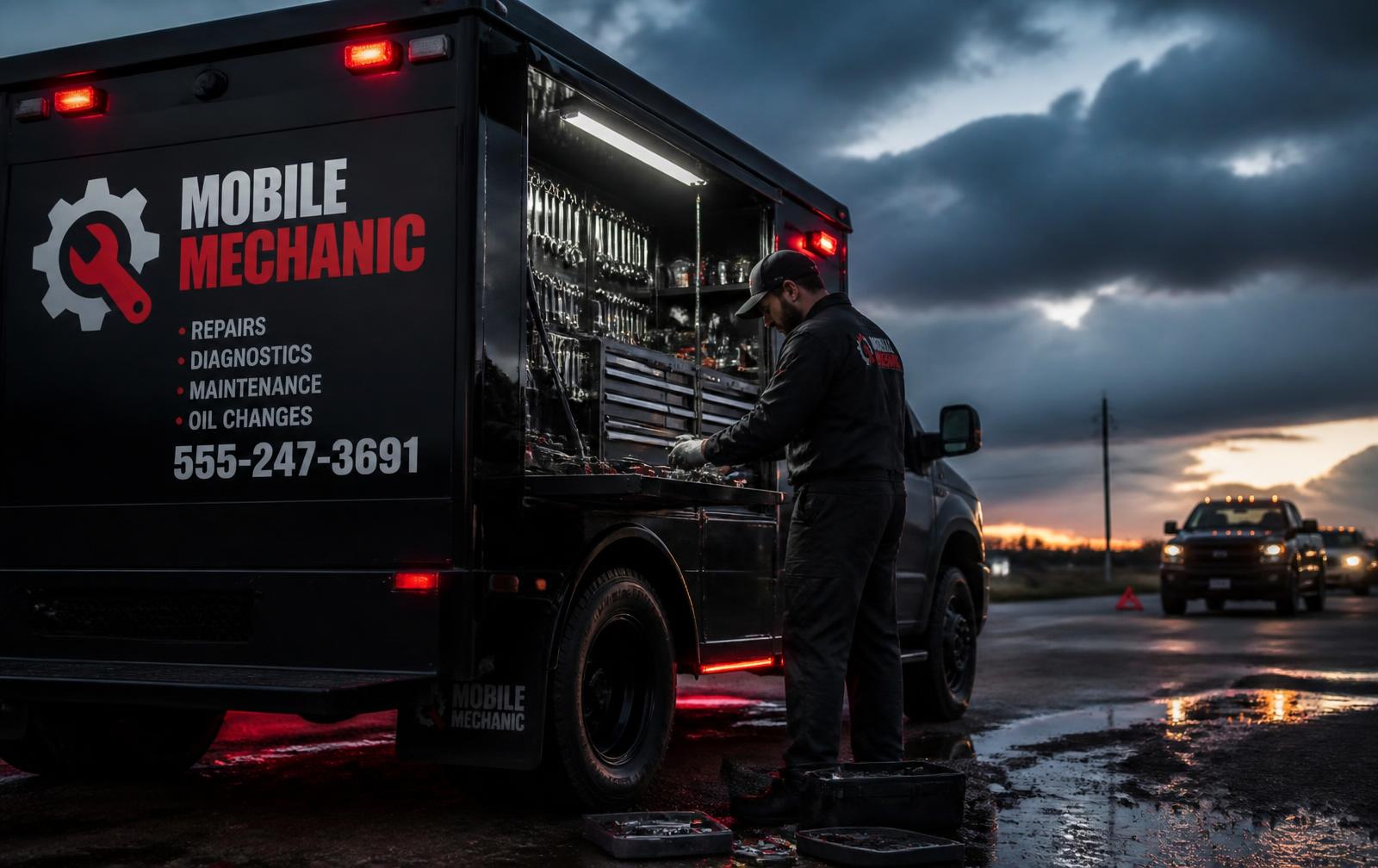 Mobile mechanic working from a black service truck at dusk
