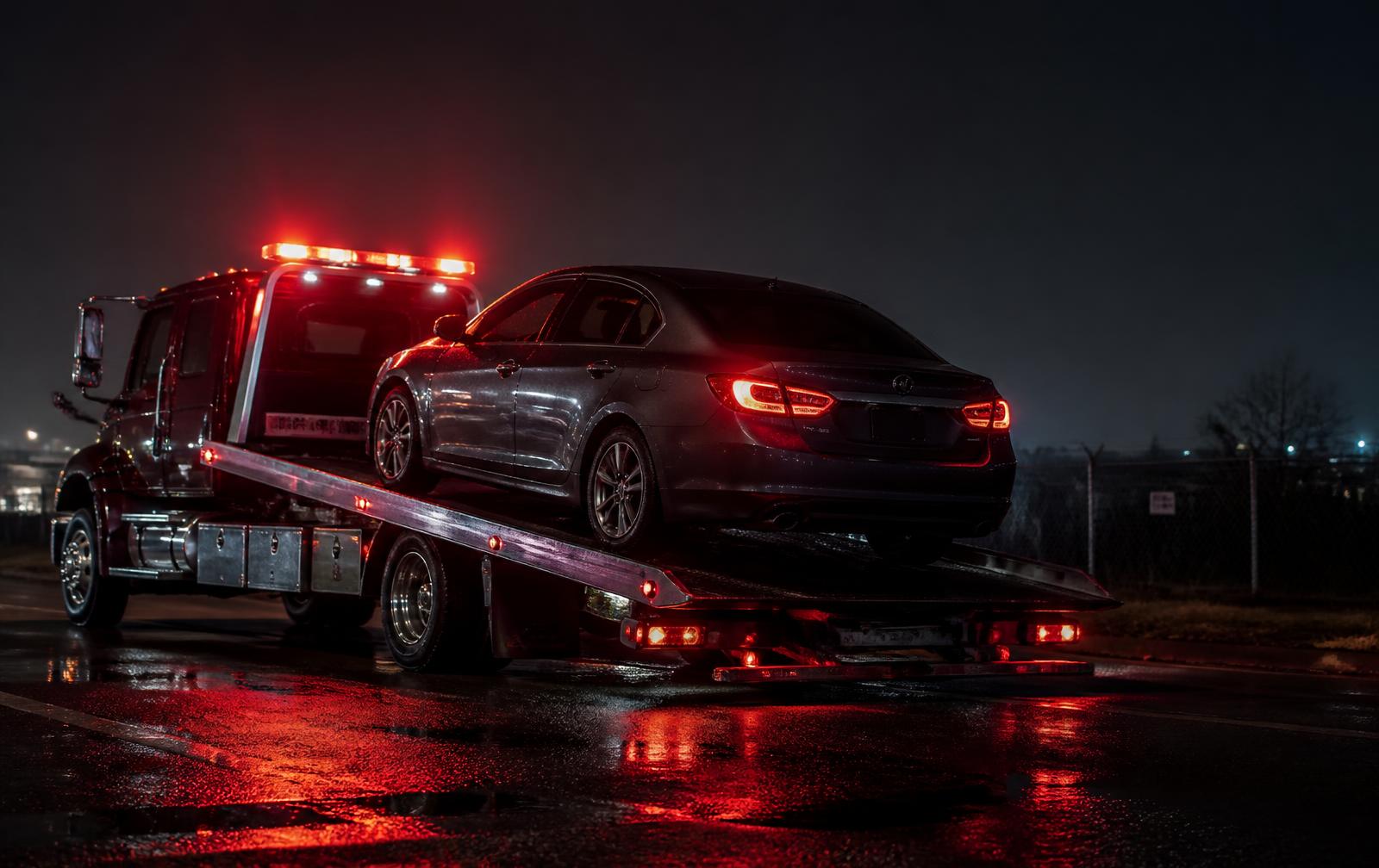 Flatbed tow truck loading a car at night with red warning lights